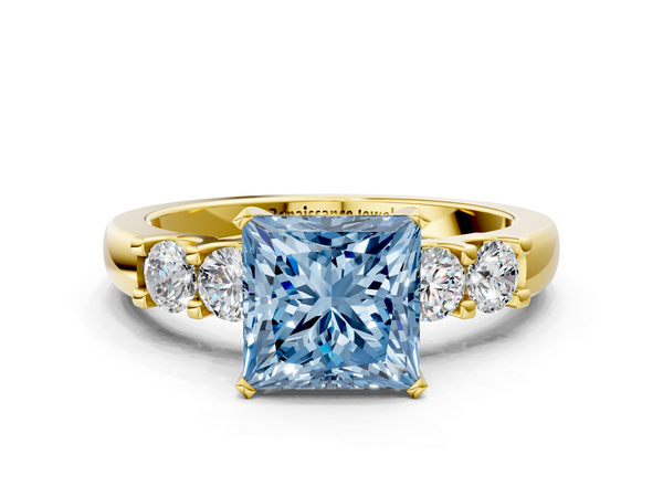 Yellow gold Fancy Blue Princess  Brilliant Cut Diamond Five-Stone Prong Set Engagement Ring with Channel Band