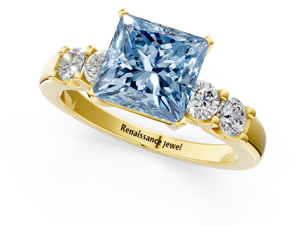 Yellow gold Fancy Blue Princess  Brilliant Cut Diamond Five-Stone Prong Set Engagement Ring with Channel Band