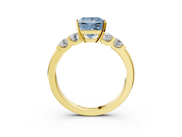 Yellow gold Fancy Blue Princess  Brilliant Cut Diamond Five-Stone Prong Set Engagement Ring with Channel Band