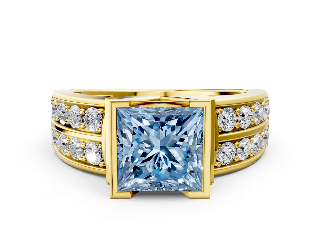 Yellow gold Fancy Blue Princess  Brilliant Diamond Channel Set Wide Band Ring with Bezel Setting_20