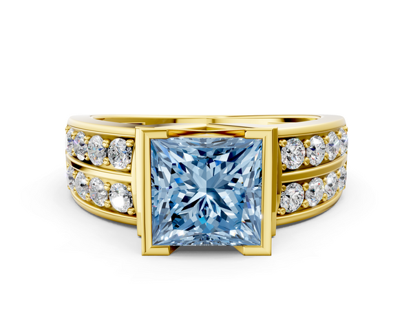 Yellow Gold Princess Cut Half Bezel Channel Set Engagement Ring Setting for Fancy Blue Center