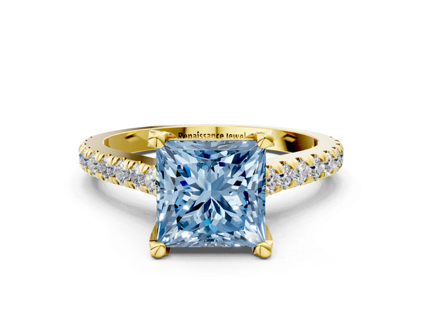Yellow gold Fancy Blue Princess  Brilliant Diamond Solitaire with Pavé Band and Four-Prong Setting
