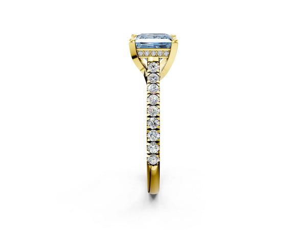 Yellow gold Fancy Blue Princess  Brilliant Diamond Solitaire with Pavé Band and Four-Prong Setting