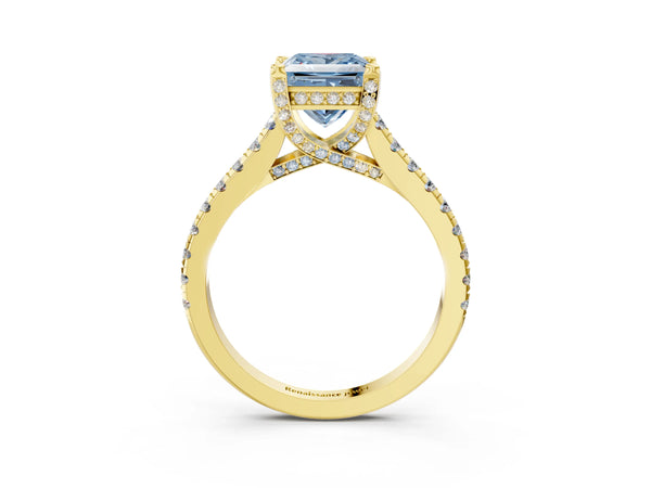 Yellow gold Fancy Blue Princess  Brilliant Diamond Solitaire with Pavé Band and Four-Prong Setting