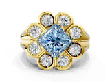 Yellow gold Fancy Blue Princess  Brilliant Flower Halo Diamond Split Shank Ring_75