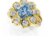 Yellow gold Fancy Blue Princess  Brilliant Flower Halo Diamond Split Shank Ring_76