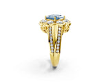 Yellow gold Fancy Blue Princess  Brilliant Flower Halo Diamond Split Shank Ring_77