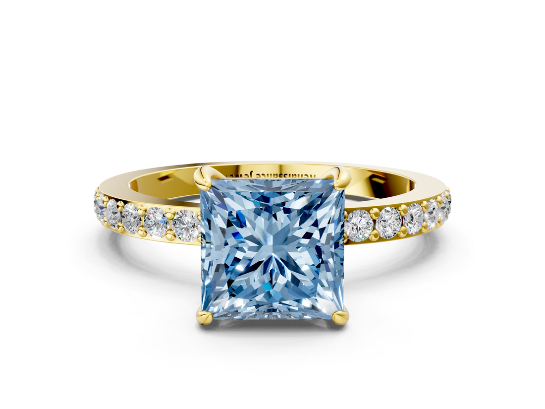 Yellow gold Fancy Blue Princess  Brilliant Pavé Band Solitaire with Four-Prong Setting_41