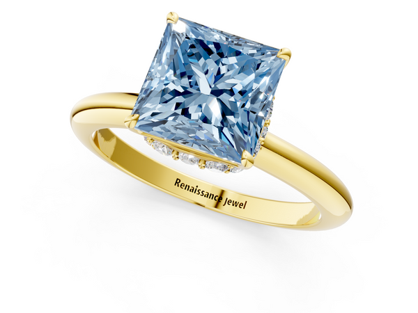 Yellow gold Fancy Blue Princess  Brilliant Solitaire Engagement Ring with Six-Prong Setting and Classic Band