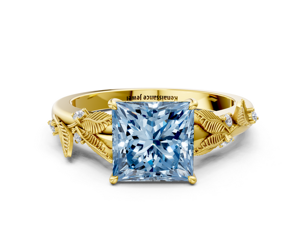 Yellow gold Fancy Blue Princess Cut Diamond Solitaire Ring with Leaf Motif Band and Four-Prong Setting