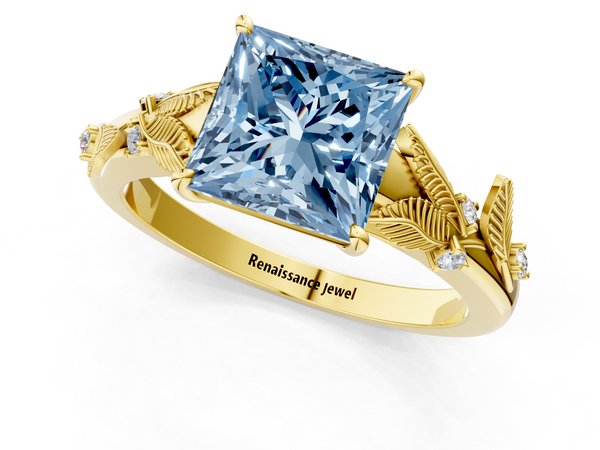 Yellow gold Fancy Blue Princess Cut Diamond Solitaire Ring with Leaf Motif Band and Four-Prong Setting