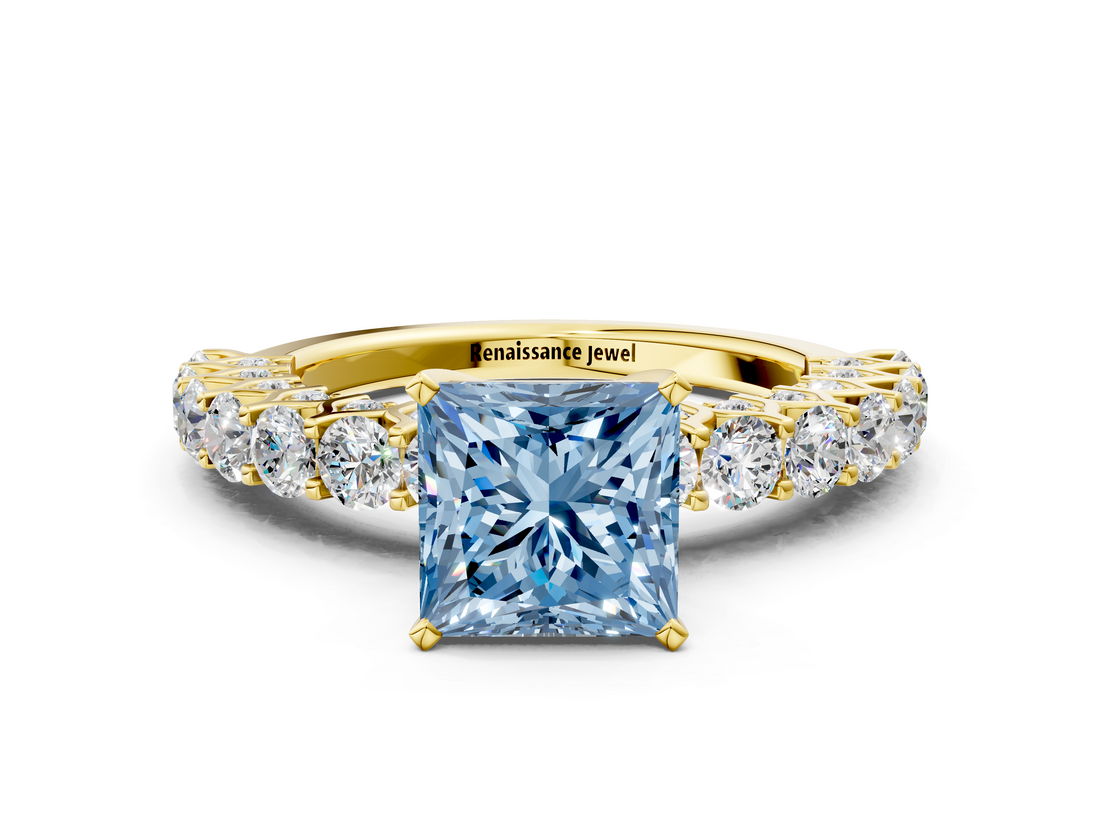 Yellow gold Fancy Blue Princess  Brilliant Solitaire with Pavé Band and Four-Prong Setting_41