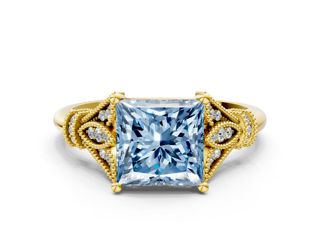 Yellow gold Fancy Blue Princess  Brilliant Solitaire with Pave Band and Four-Prong Setting_19