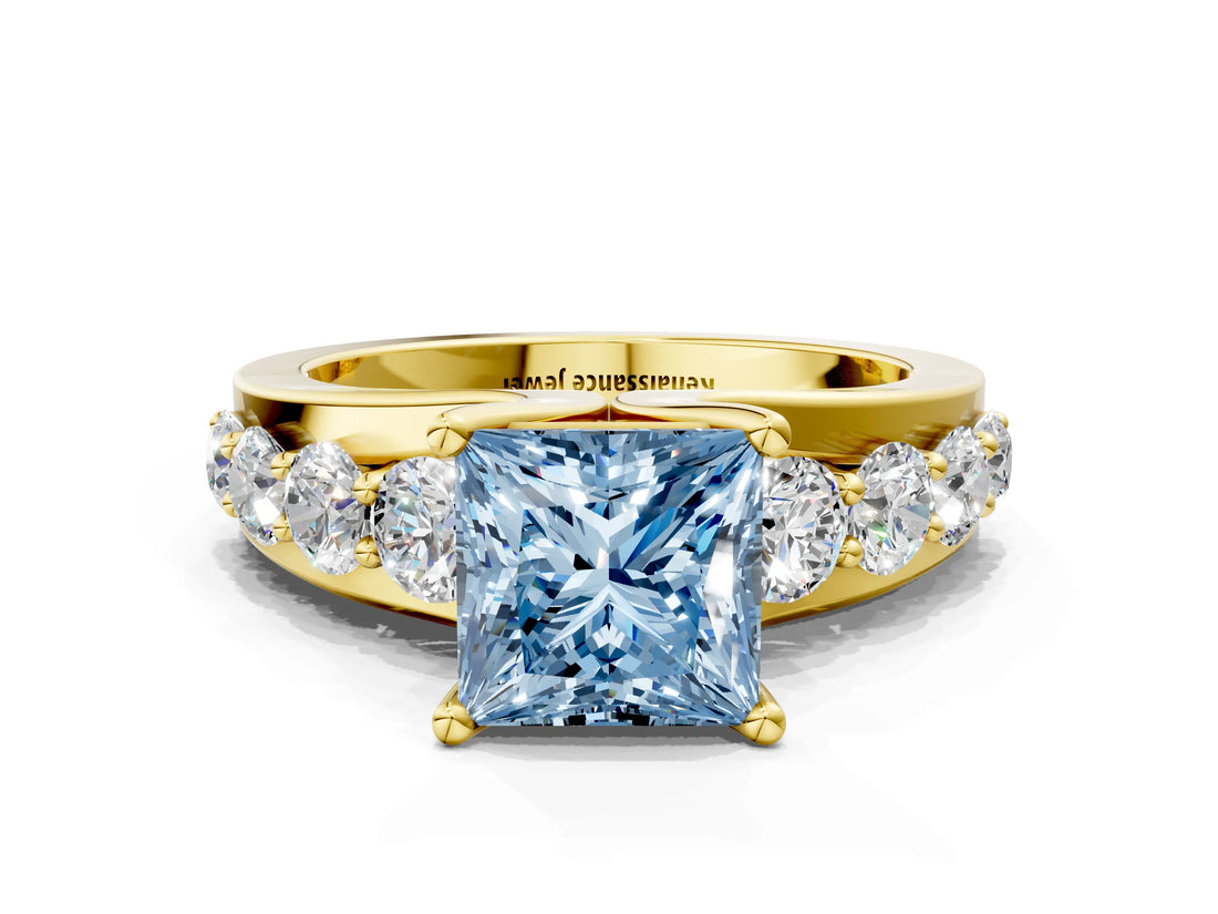 Yellow gold Fancy Blue Princess  Brilliant Solitaire with Side Stones on a Pave Band and Four-Prong Setting_24