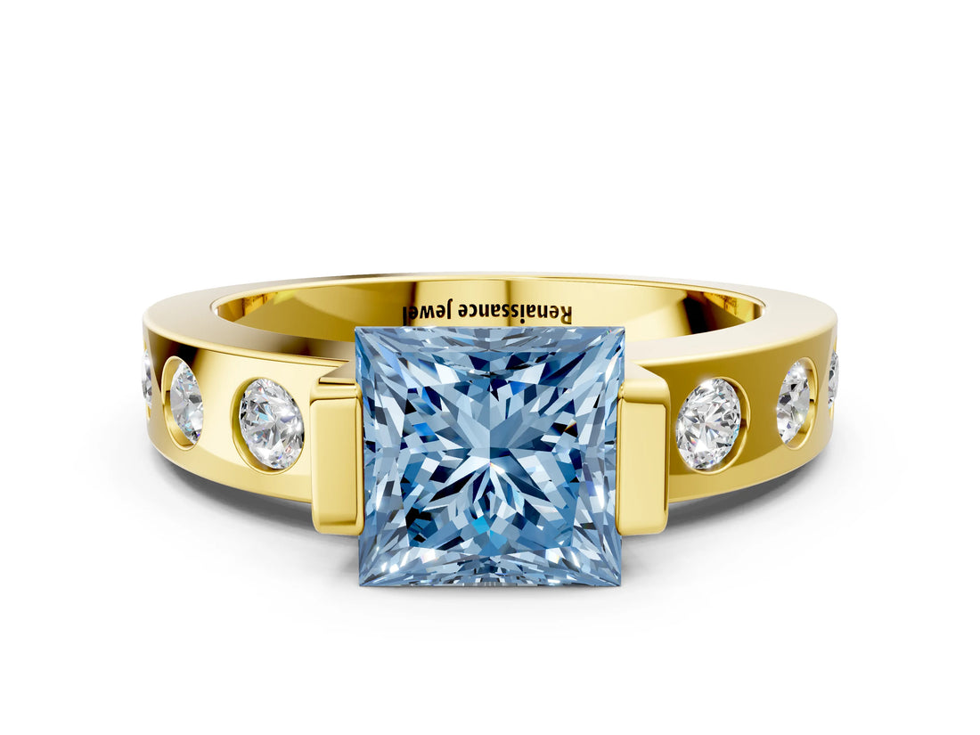Yellow gold Fancy Blue Princess Cut Brilliant Channel-Set Diamond Ring with Bezel Prong Setting