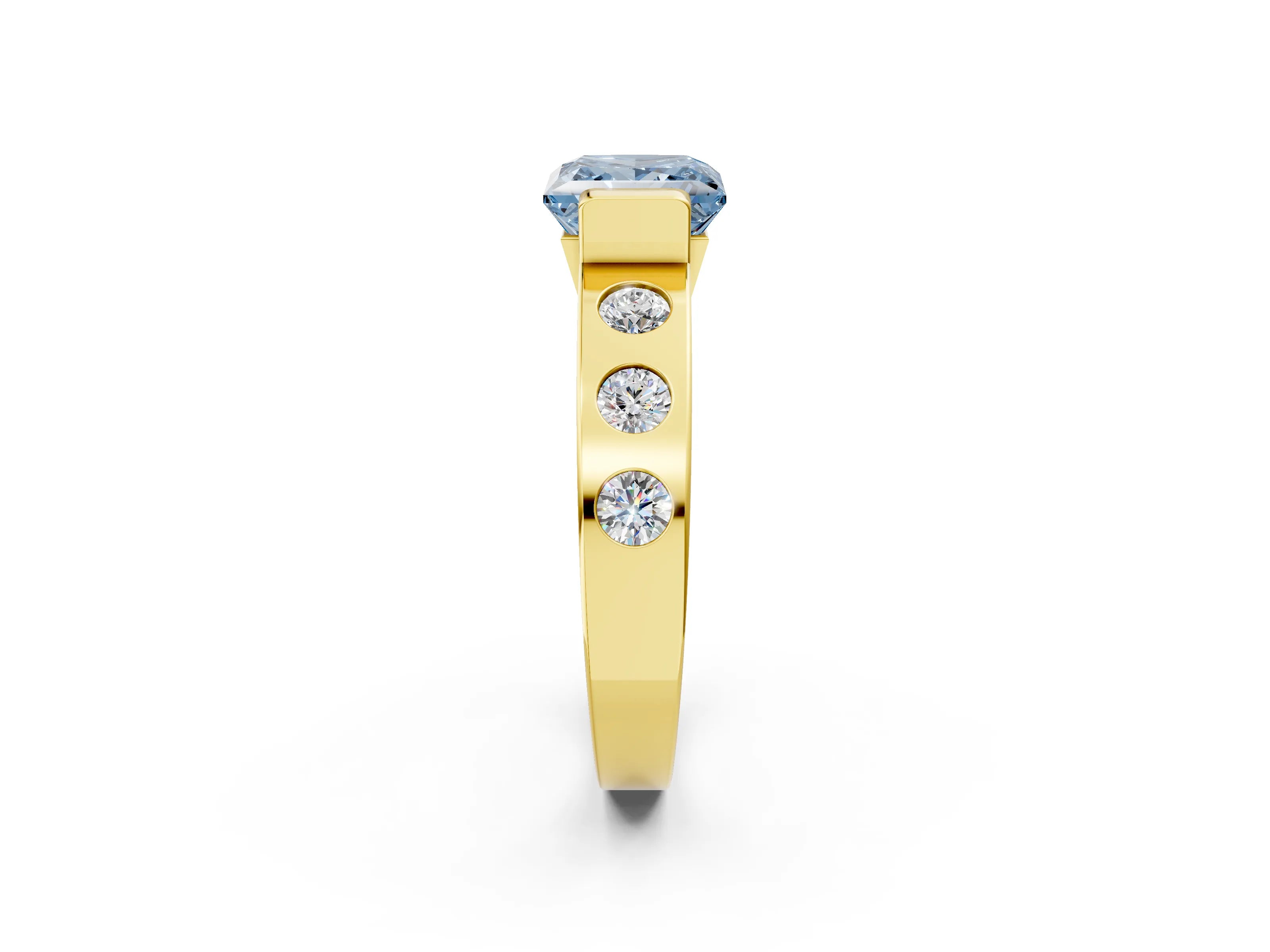 Yellow gold Fancy Blue Princess Cut Brilliant Channel-Set Diamond Ring with Bezel Prong Setting_2