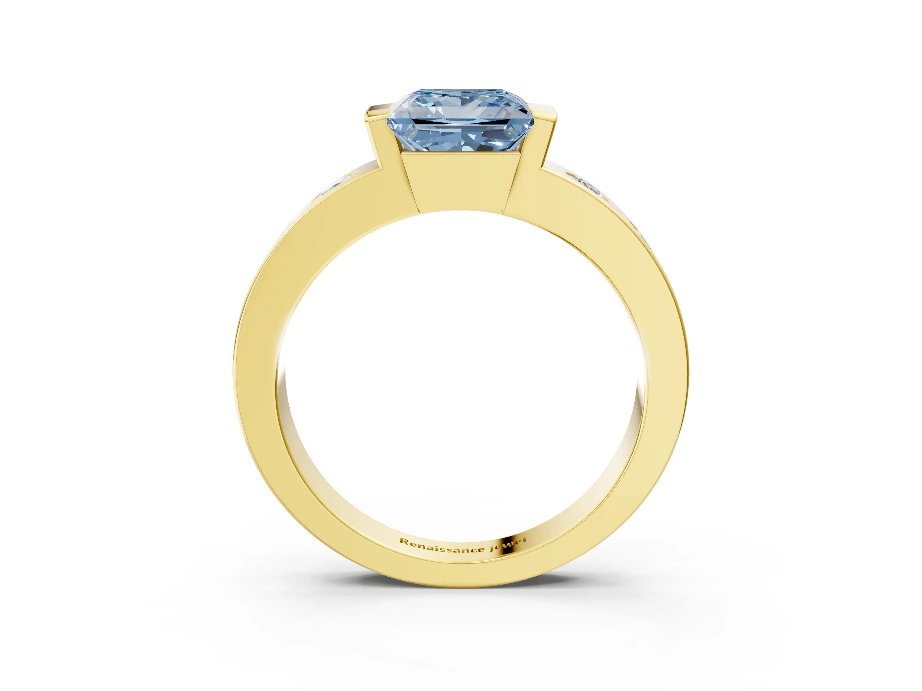 Yellow gold Fancy Blue Princess Cut Brilliant Channel-Set Diamond Ring with Bezel Prong Setting_3