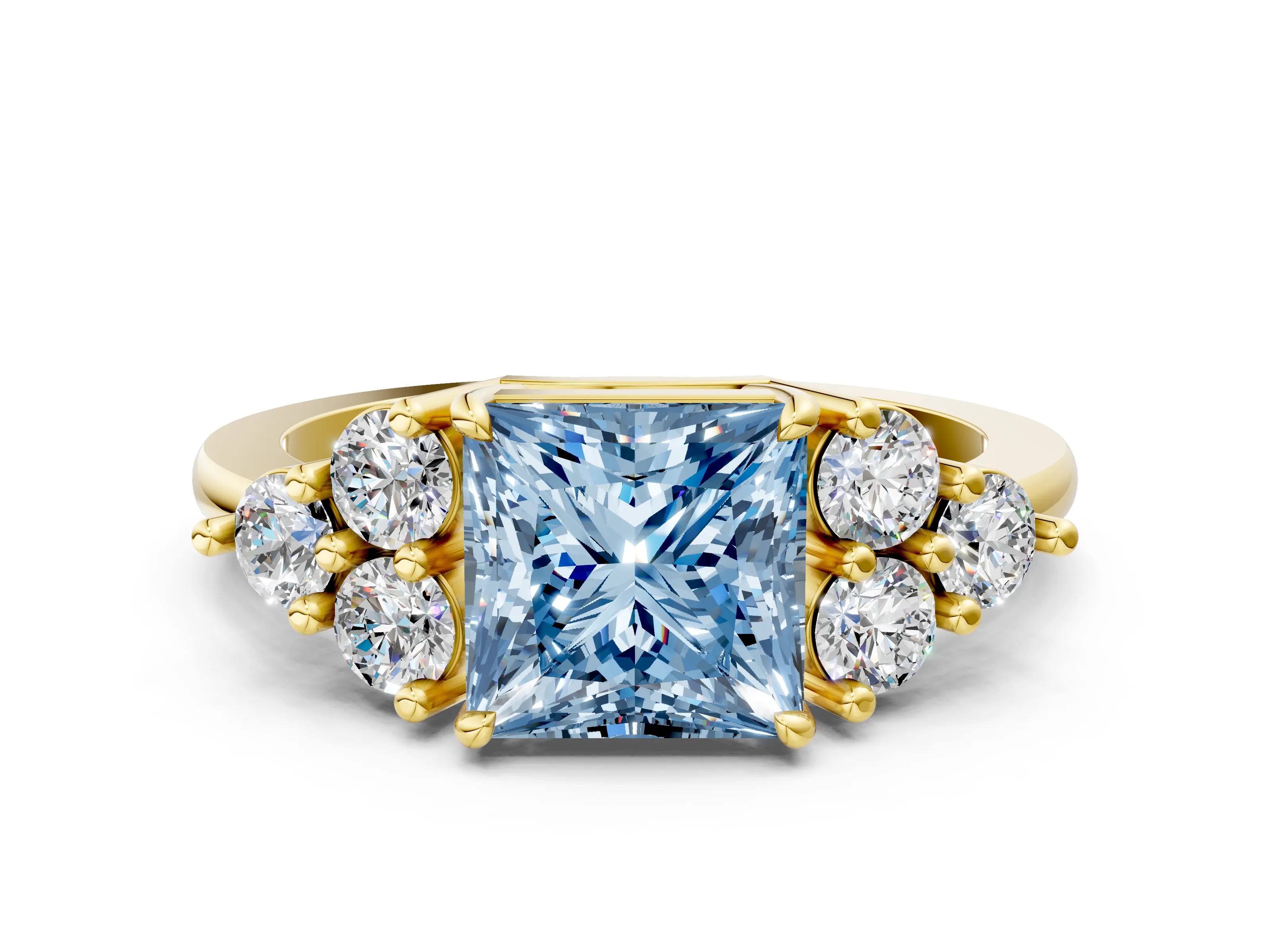 Yellow gold Fancy Blue Princess Cut Brilliant Diamond Cluster Accent Solitaire Ring with Prong Setting