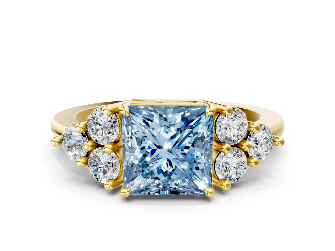 Yellow gold Fancy Blue Princess Cut Brilliant Diamond Cluster Accent Solitaire Ring with Prong Setting