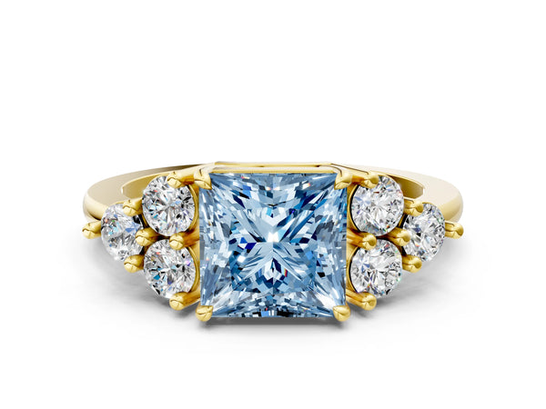 Yellow gold Fancy Blue Princess Cut Brilliant Diamond Cluster Accent Solitaire Ring with Prong Setting