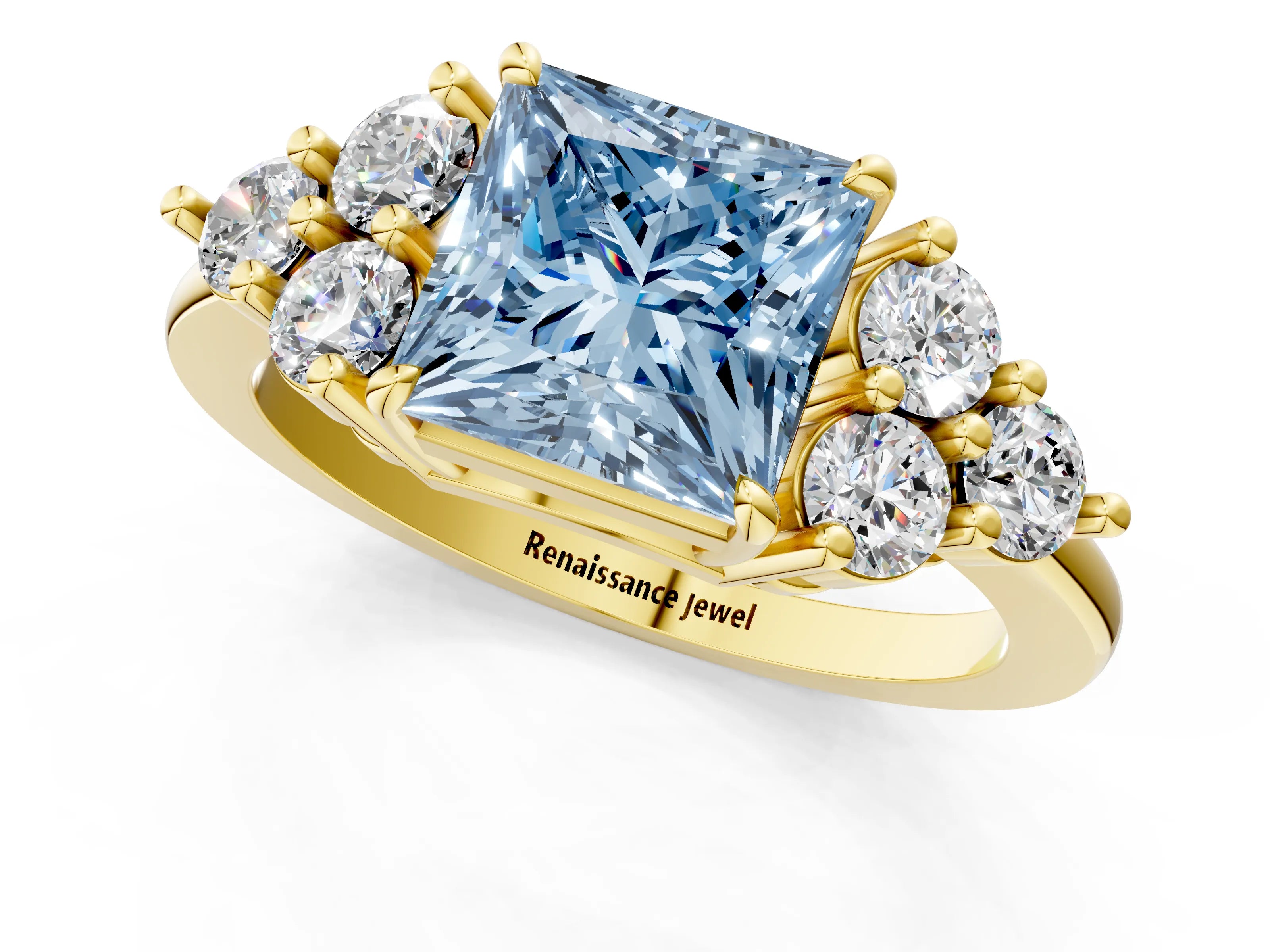 Yellow gold Fancy Blue Princess Cut Brilliant Diamond Cluster Accent Solitaire Ring with Prong Setting_1