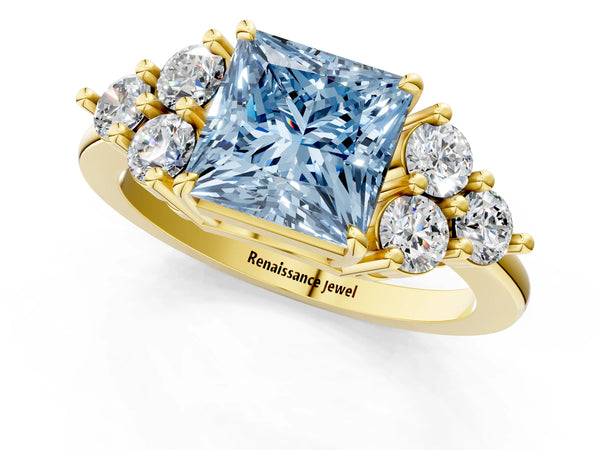 Yellow gold Fancy Blue Princess Cut Brilliant Diamond Cluster Accent Solitaire Ring with Prong Setting