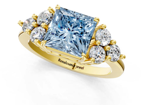 Yellow gold Fancy Blue Princess Cut Brilliant Diamond Cluster Accent Solitaire Ring with Prong Setting_1