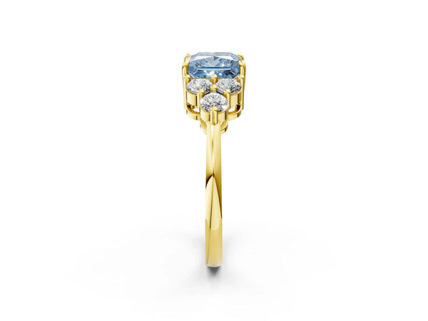 Yellow gold Fancy Blue Princess Cut Brilliant Diamond Cluster Accent Solitaire Ring with Prong Setting