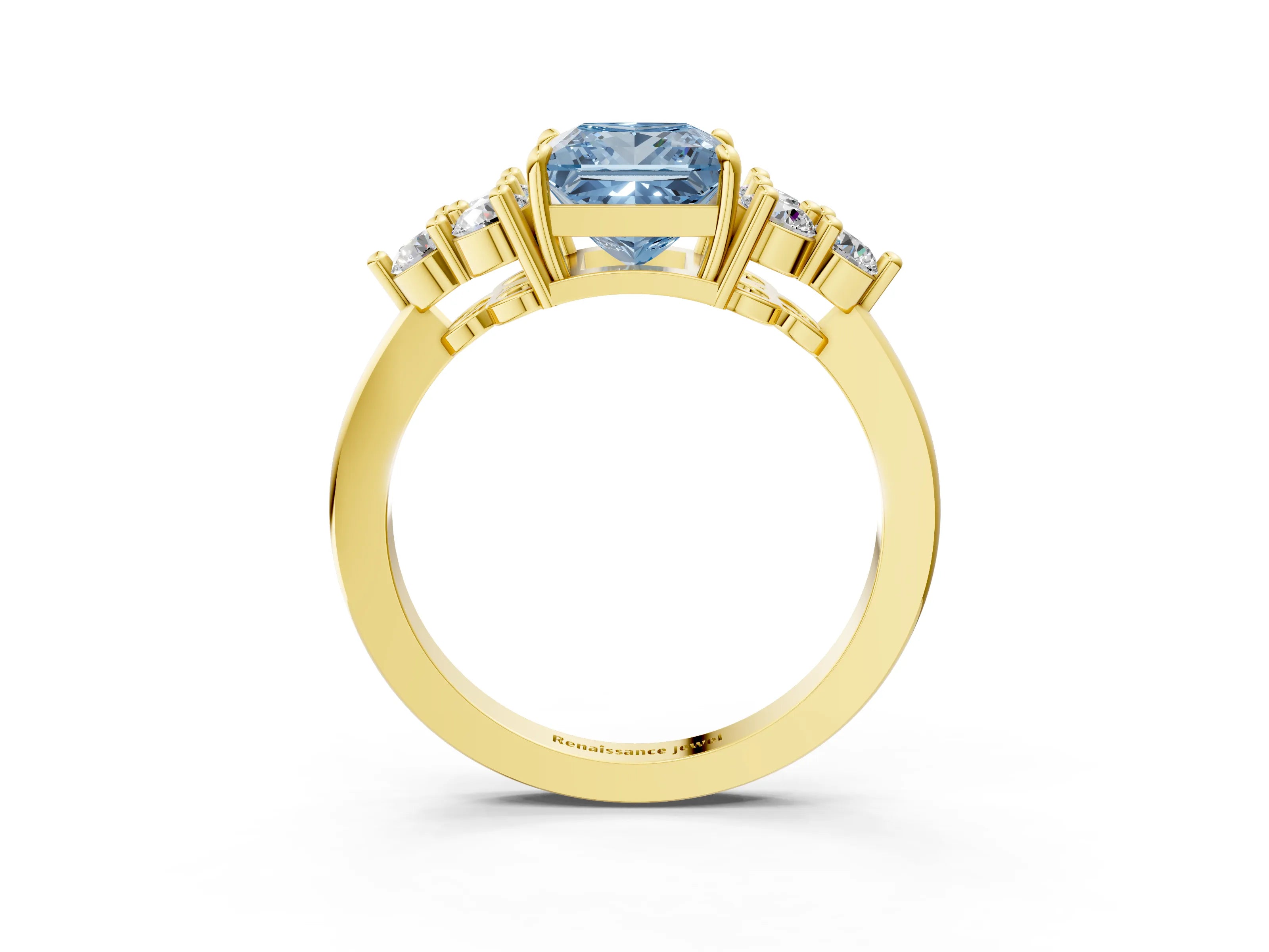 Yellow gold Fancy Blue Princess Cut Brilliant Diamond Cluster Accent Solitaire Ring with Prong Setting_3
