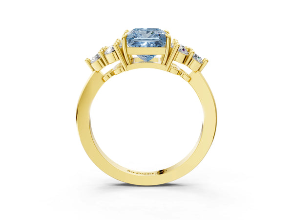 Yellow gold Fancy Blue Princess Cut Brilliant Diamond Cluster Accent Solitaire Ring with Prong Setting