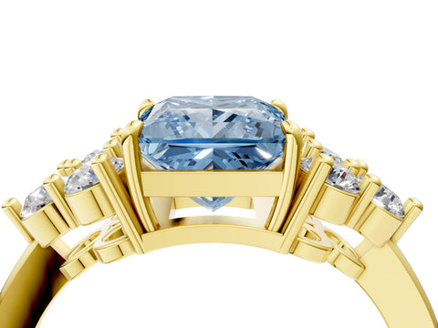 Yellow gold Fancy Blue Princess Cut Brilliant Diamond Cluster Accent Solitaire Ring with Prong Setting_4