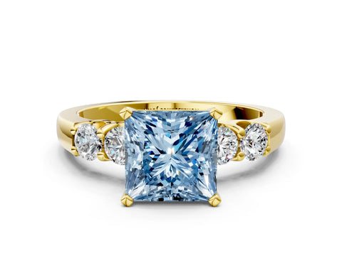 Yellow gold Fancy Blue Princess Cut Brilliant Diamond Five-Stone Engagement Ring with Prong Setting on a Classic Band_3