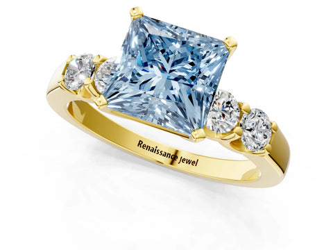 Yellow gold Fancy Blue Princess Cut Brilliant Diamond Five-Stone Engagement Ring with Prong Setting on a Classic Band_4