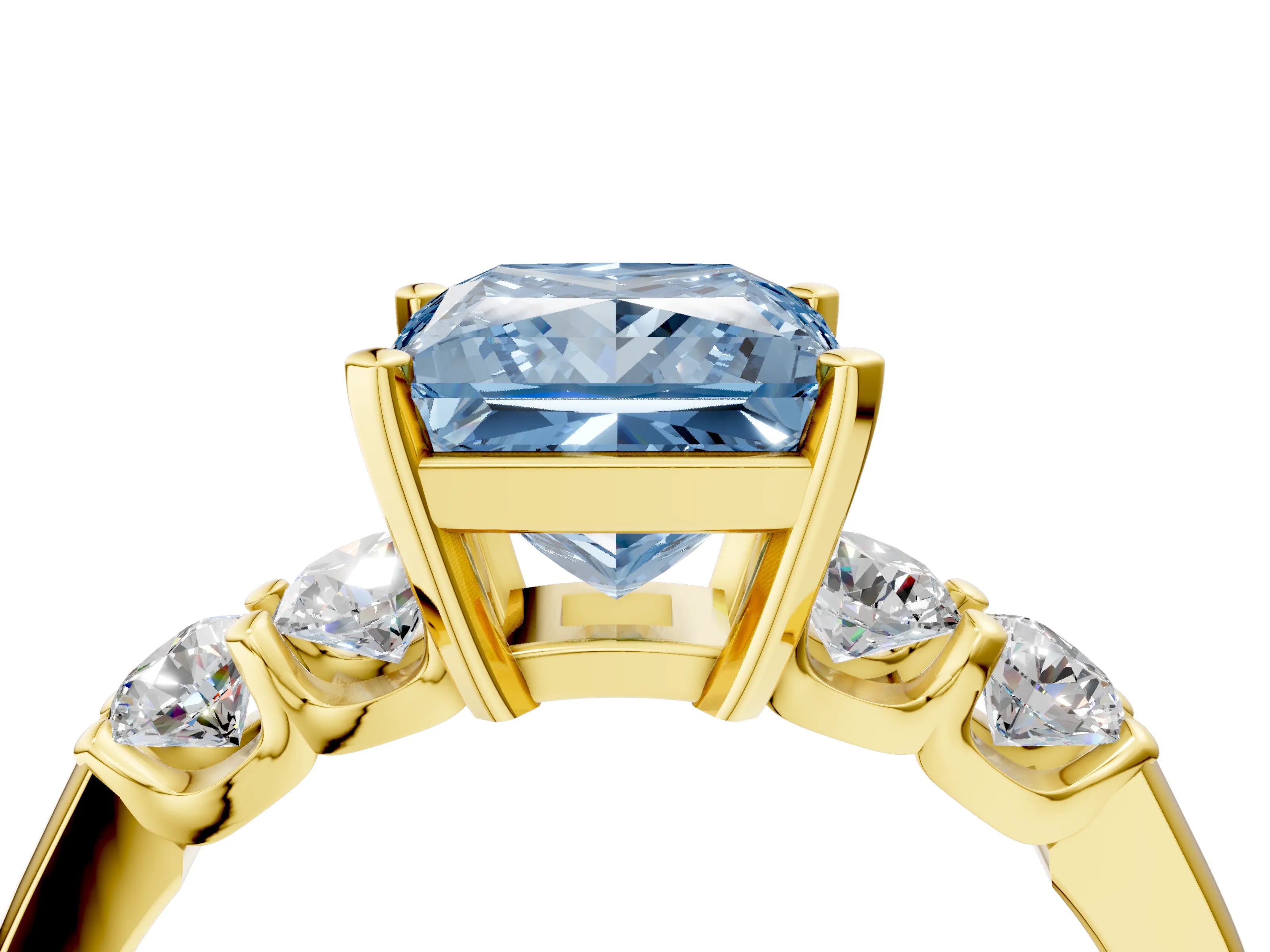 Yellow gold Fancy Blue Princess Cut Brilliant Diamond Five-Stone Engagement Ring with Prong Setting on a Classic Band_7