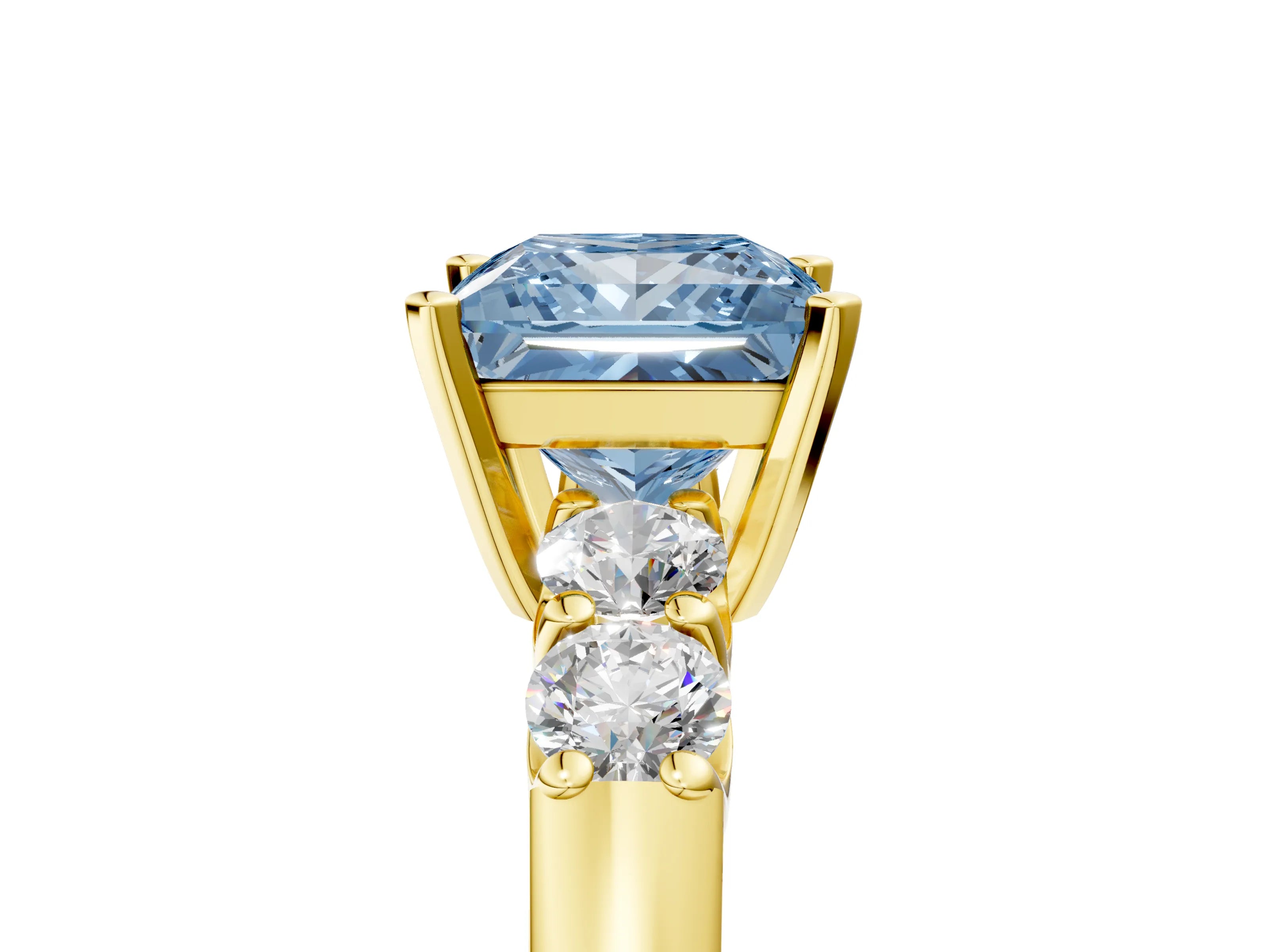 Yellow gold Fancy Blue Princess Cut Brilliant Diamond Five-Stone Engagement Ring with Prong Setting on a Classic Band_8