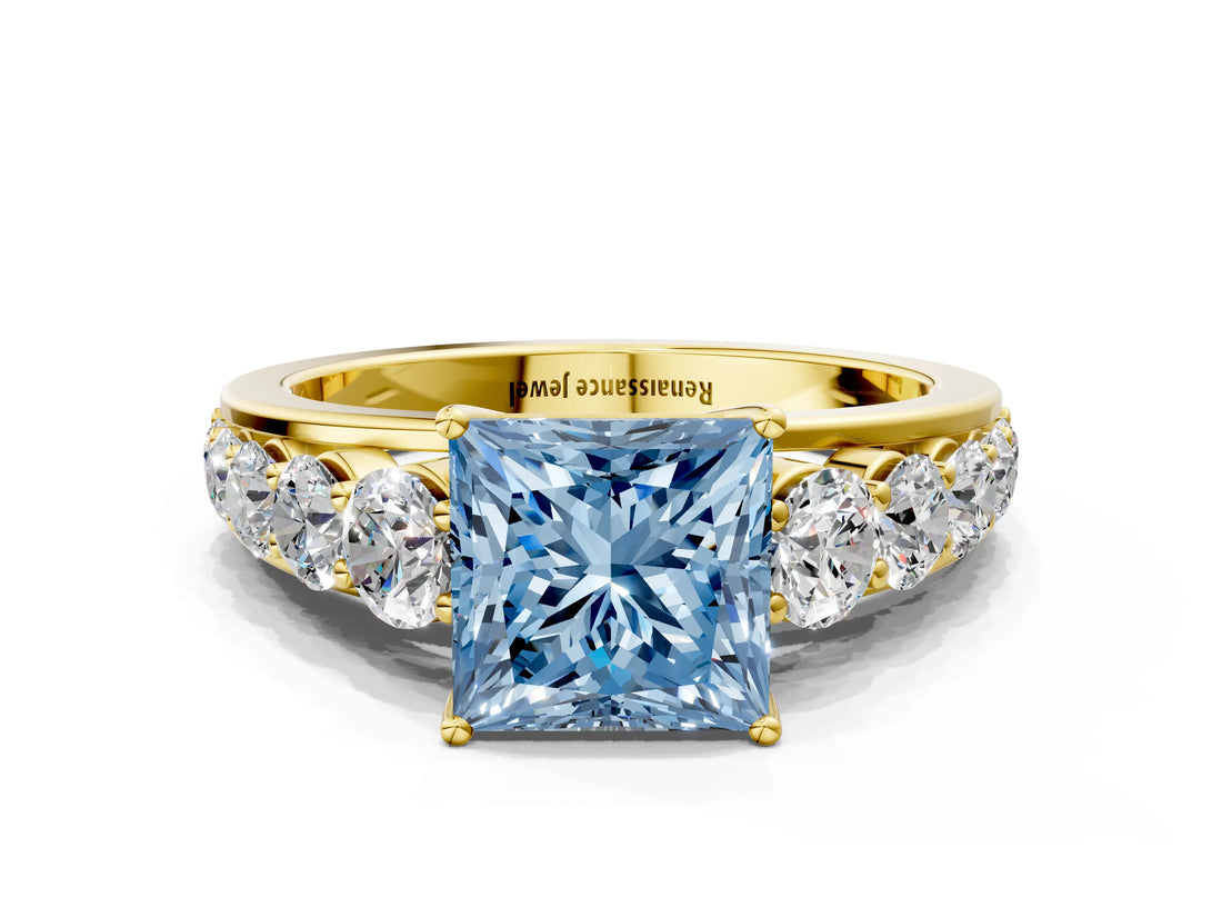 Yellow gold Fancy Blue Princess Cut Brilliant Diamond Pavé Band with Six-Prong Setting_12
