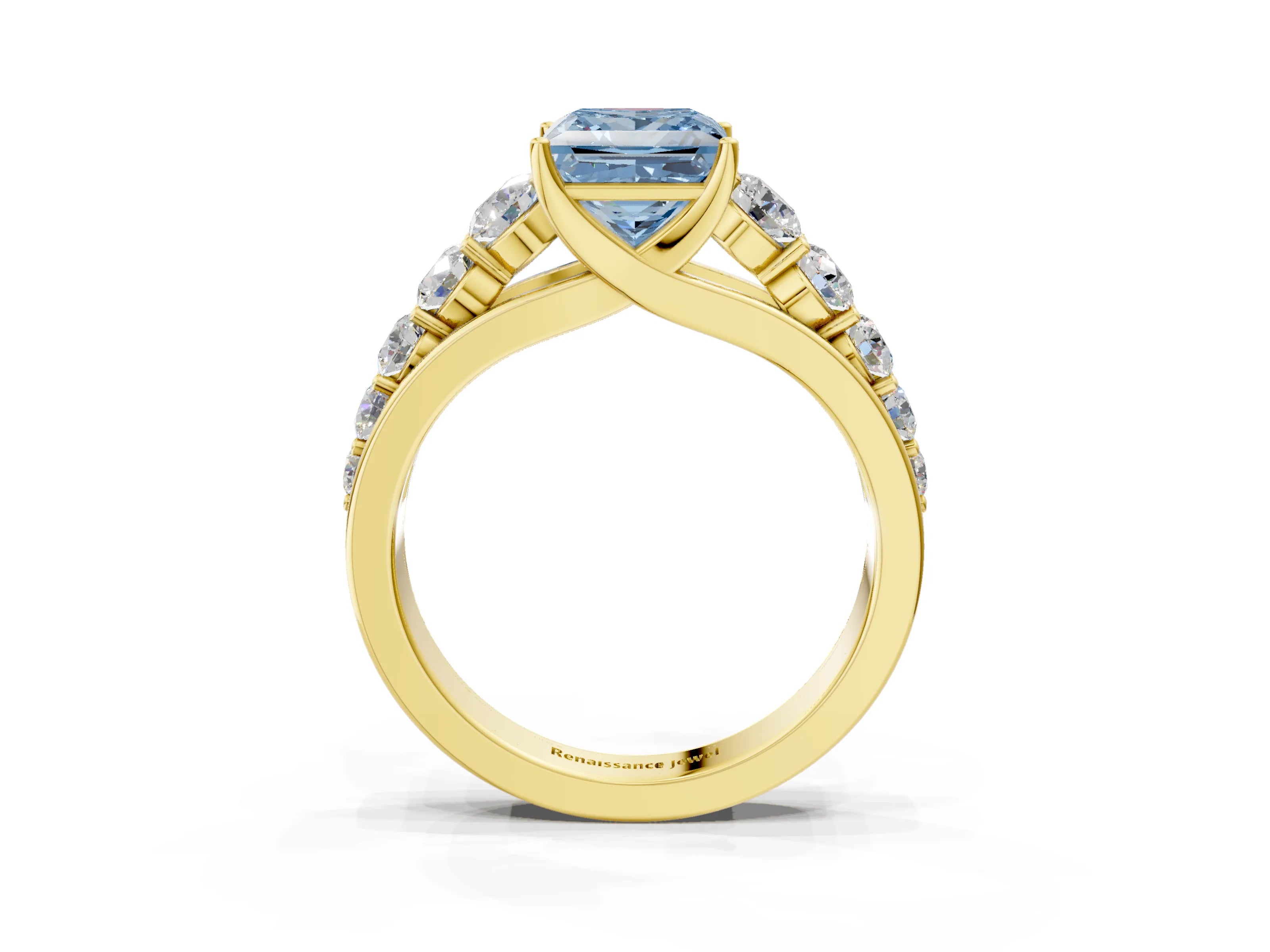 Yellow gold Fancy Blue Princess Cut Brilliant Diamond Pavé Band with Six-Prong Setting_3