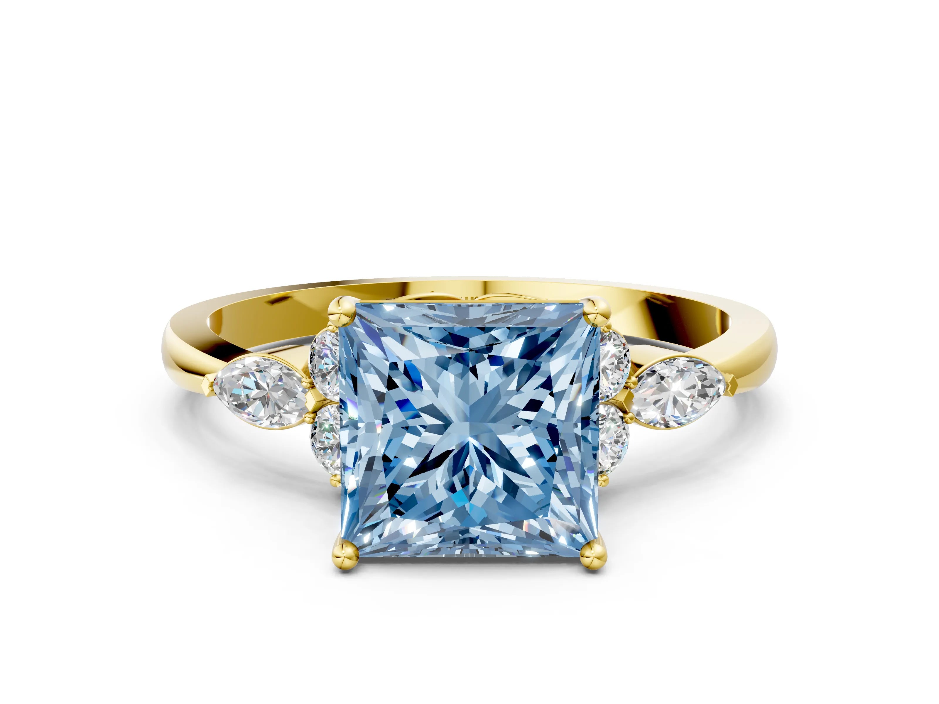 Yellow gold Fancy Blue Princess Cut Brilliant Diamond Solitaire Ring with Pear Side Stones and Four-Prong Setting_3