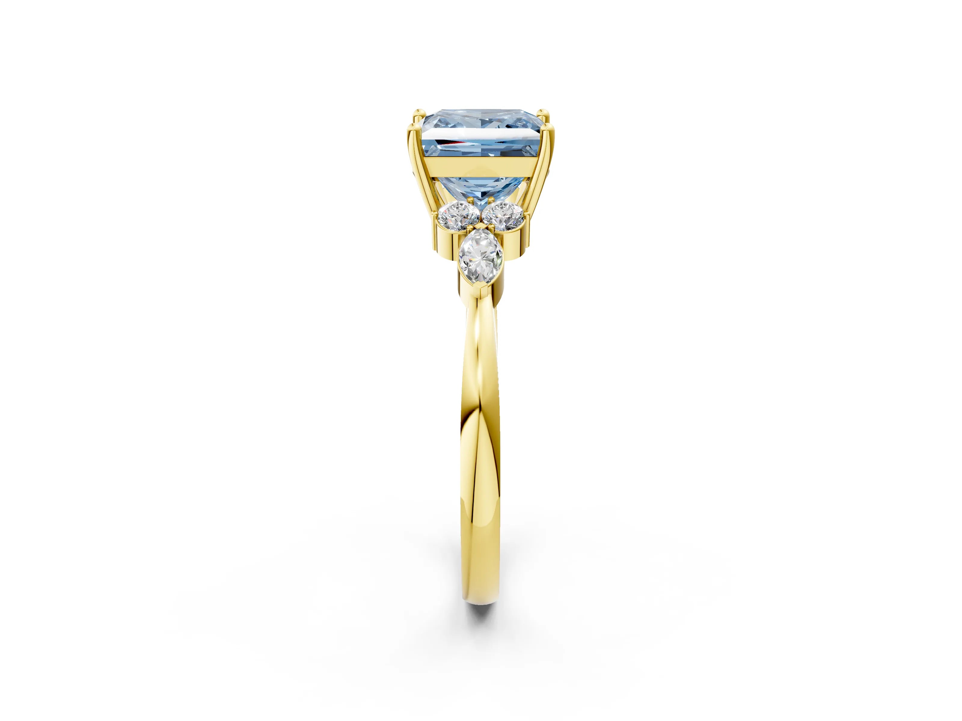 Yellow gold Fancy Blue Princess Cut Brilliant Diamond Solitaire Ring with Pear Side Stones and Four-Prong Setting_5