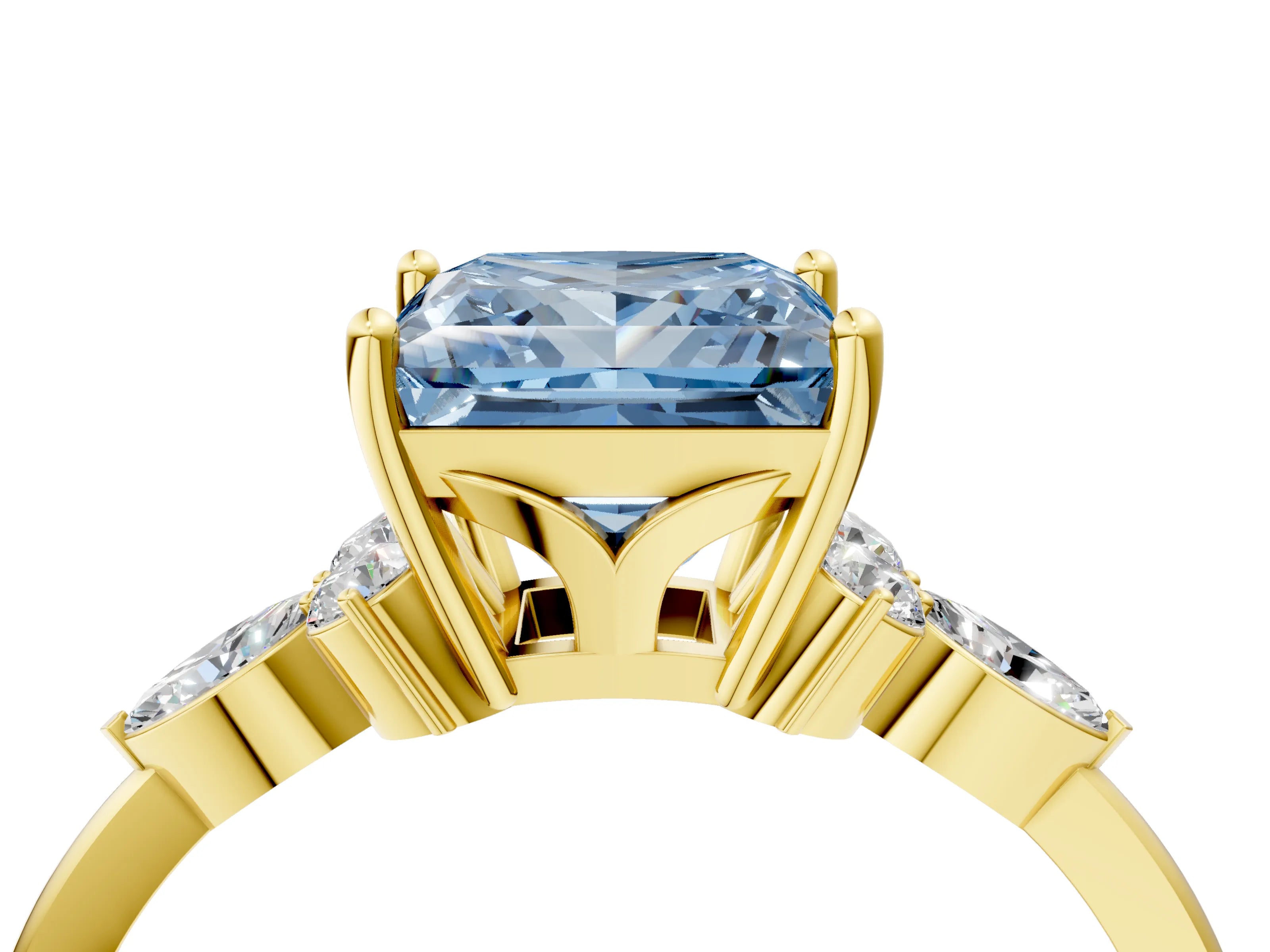 Yellow gold Fancy Blue Princess Cut Brilliant Diamond Solitaire Ring with Pear Side Stones and Four-Prong Setting_7
