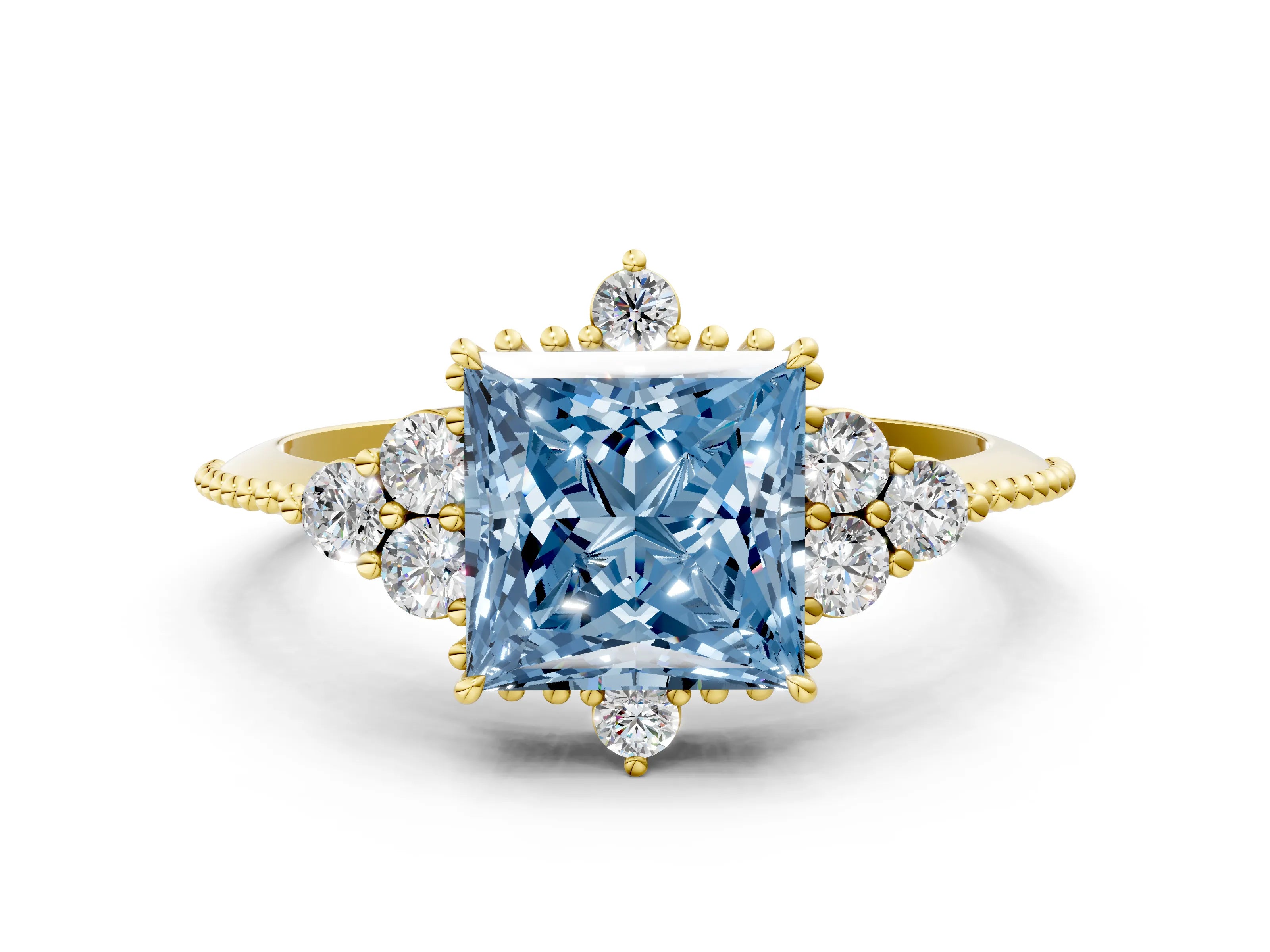 Yellow gold Fancy Blue Princess Cut Brilliant Diamond with Cluster Setting on a Beaded Band and Four-Prong Setting