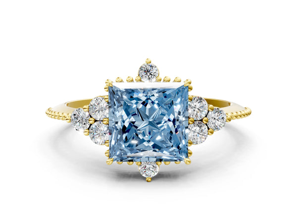 Yellow gold Fancy Blue Princess Cut Brilliant Diamond with Cluster Setting on a Beaded Band and Four-Prong Setting
