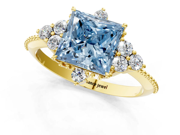 Yellow gold Fancy Blue Princess Cut Brilliant Diamond with Cluster Setting on a Beaded Band and Four-Prong Setting