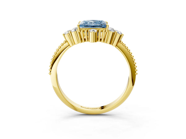 Yellow gold Fancy Blue Princess Cut Brilliant Diamond with Cluster Setting on a Beaded Band and Four-Prong Setting