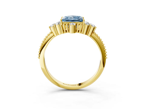 Yellow gold Fancy Blue Princess Cut Brilliant Diamond with Cluster Setting on a Beaded Band and Four-Prong Setting_3