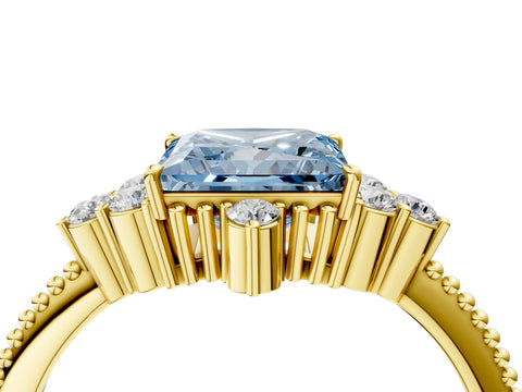 Yellow gold Fancy Blue Princess Cut Brilliant Diamond with Cluster Setting on a Beaded Band and Four-Prong Setting_4