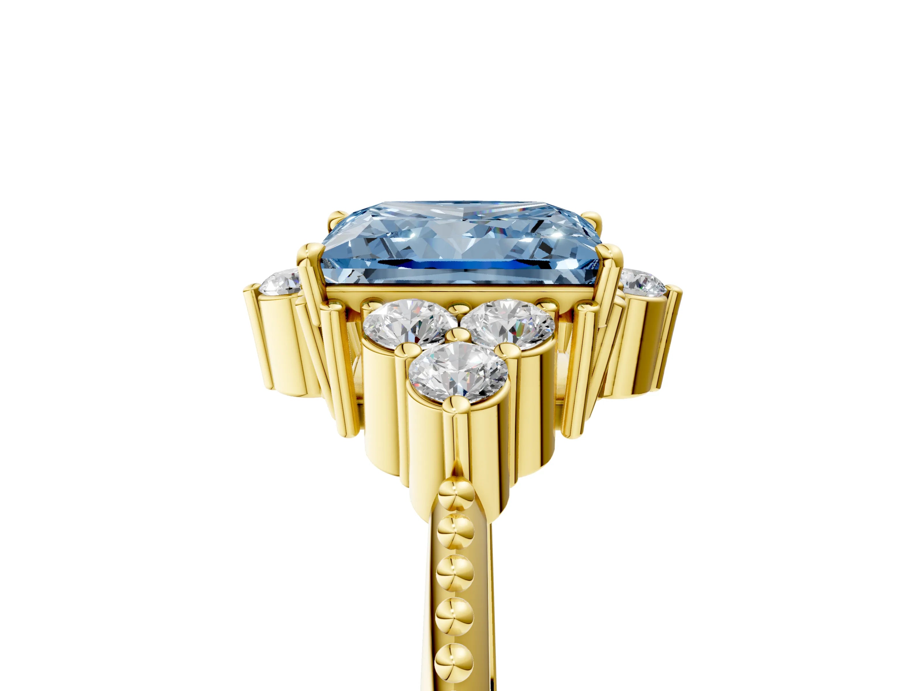 Yellow gold Fancy Blue Princess Cut Brilliant Diamond with Cluster Setting on a Beaded Band and Four-Prong Setting_5