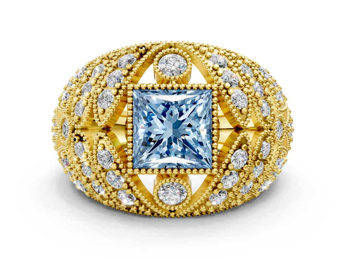 Yellow gold Fancy Blue Princess Cut Brilliant Halo Pave Diamond Milgrain Ring