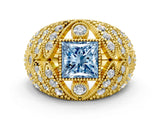 Yellow gold Fancy Blue Princess Cut Brilliant Halo Pave Diamond Milgrain Ring