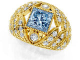 Yellow gold Fancy Blue Princess Cut Brilliant Halo Pave Diamond Milgrain Ring_1